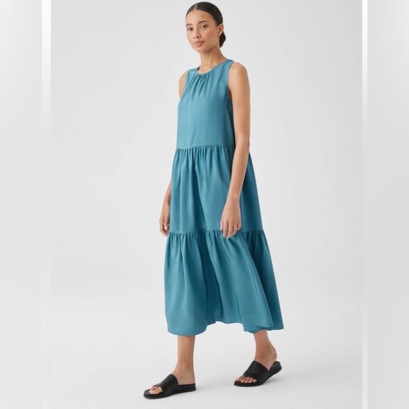 EILEEN FISHER Washed Silk Tiered Dress XXS easily fits XS, NWT 100% Silk - Picture 1 of 16